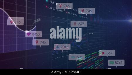 Displaying data dashboard on virtual interface with line graphs icon counters stock tickers Stock Photo