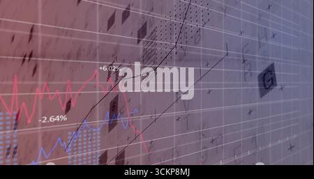 Displaying financial chart on trading screen, with red and blue trend lines and percentage markers Stock Photo