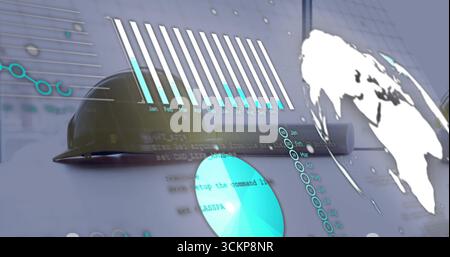 Displaying safety helmet overlaid with data charts in digital workspace, with coding and world map Stock Photo