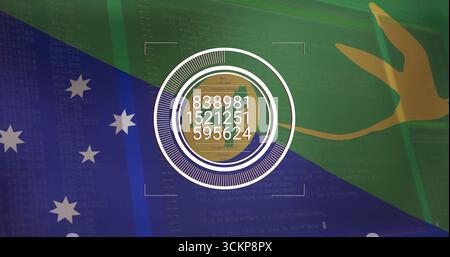 Displaying HUD rings and numeric data in graphic, with code overlay, Australian and Brazilian flags Stock Photo