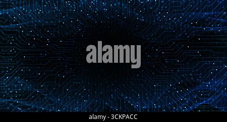 Abstract technology background featuring neon circuit board lines and glowing futuristic data flow, ideal for presentations, websites, fintech, cybers Stock Photo