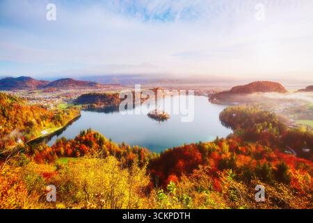 Aerial view of the island on alpine lake Bled from Osojnica viewpoint. Great and gorgeous morning scene. Popular tourist attraction. Location famous p Stock Photo