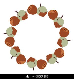 Autumn hazelnut circle frame. Round border made of doodle hand drawn fall hazelnuts. The hazelnuts are arranged in a circle for stickers, banners Stock Vector