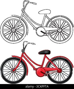 Classic cruiser bicycle illustration in both black outline and vibrant red color vector styles Stock Vector