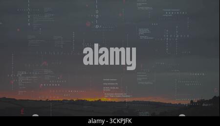 Displaying digital collage merging dusk sky over hills with floating binary digits, code symbols Stock Photo