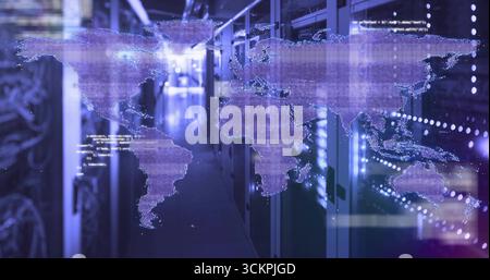 Projecting world map hologram across datacenter aisle with racks network cables LEDs, floating code Stock Photo