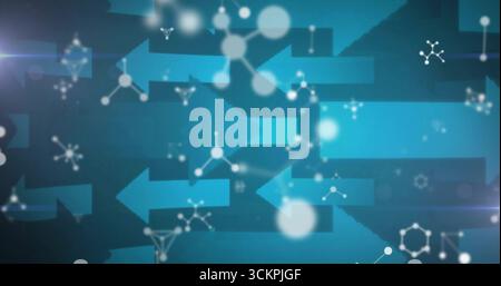 Displaying blue arrows pointing left in digital interface, with molecular icons and light flares Stock Photo