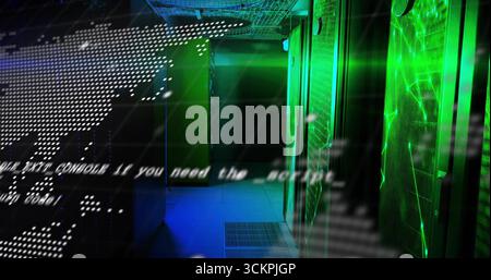 Glowing tall server cabinets lining data center corridor, with LED lights and code overlay Stock Photo