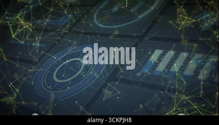 Floating blue circular holographic chart displaying data points on grid panels, with network nodes Stock Photo