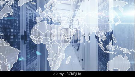 Displaying server racks lining data center aisle, showing cabling, LED indicators with map overlay Stock Photo