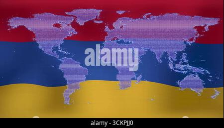 Displaying pixelated world map overlaying tricolor flag stripes in digital art, with fabric texture Stock Photo