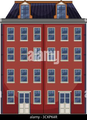 Flat vector illustration of red brick Dutch apartment building, symmetrical facade, blue windows, daylight Stock Vector