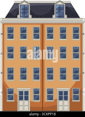 Flat vector illustration of classic Dutch townhouse, symmetrical facade, orange walls, blue dormer windows Stock Vector