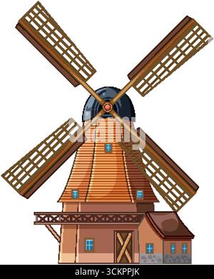 Colorful vector illustration of classic Dutch windmill, wooden blades, brick structure, clean white background Stock Vector