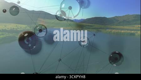 Floating translucent spheres forming data-network structure over calm lake valley with green hills Stock Photo