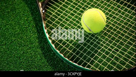 Resting tennis racket head cradling yellow tennis ball on vibrant green court surface Stock Photo