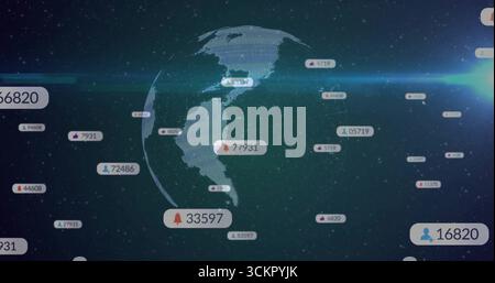 Rotating digital 3D Earth globe hovering in dark data space, with floating numeric tags, lens-flare Stock Photo