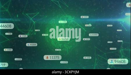 Rotating transparent globe in data interface, with network graph and numeric labels bearing icons Stock Photo