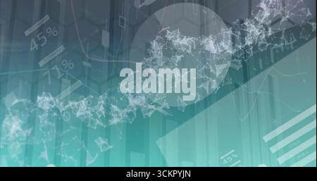 Displaying network wave flowing diagonally on data UI, with grid and chart overlays and percentages Stock Photo