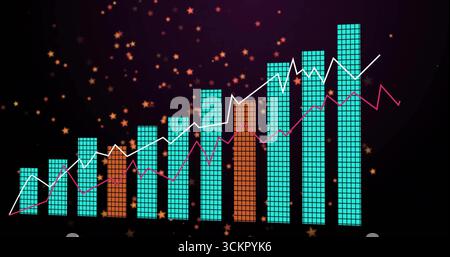 Displaying chart with teal orange grid bars and white magenta line graphs on cosmic stars backdrop Stock Photo