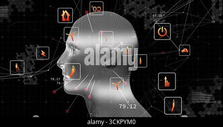 Visualizing 3D dotted head displaying energy data icons on digital dashboard with numeric overlays Stock Photo