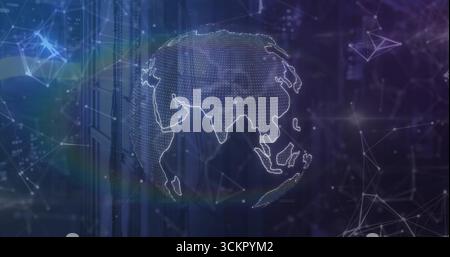 Displaying white mesh globe showing Asia in network backdrop, with floating nodes and wireframes Stock Photo