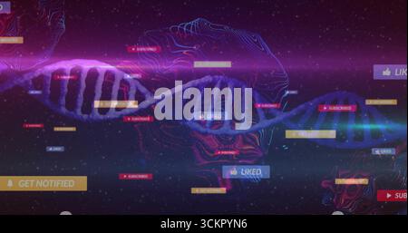 Glowing 3D DNA helix spanning void with neon grid lines LIKED SUBSCRIBED GET NOTIFIED labels Stock Photo