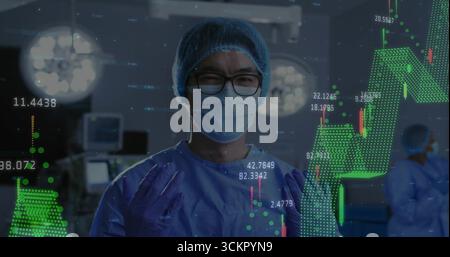Chinese male surgeon in scrubs operating in surgical suite, with candlestick chart overlays Stock Photo