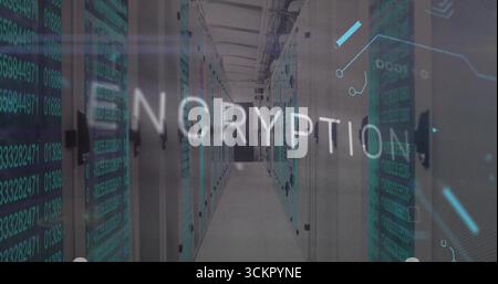 Server racks with blinking switches and trays lining data center corridor with encryption overlay Stock Photo