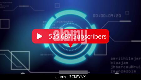 Displaying interface on blue gradient, featuring red subscriber bubble with play icon and teal HUD Stock Photo