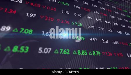 Displaying numeric grid with plus green and minus red arrows on trading interface, blue lens flare Stock Photo