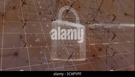 Floating wireframe padlock hovering in 3D grid, with alphanumeric characters, nodes and DNA helix Stock Photo