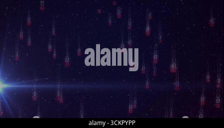Binary code streams cascading in space, with blue lens flare, starfield and light streak Stock Photo