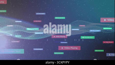 Displaying central 3D mesh wave flowing through virtual data space, showing colored status tags Stock Photo