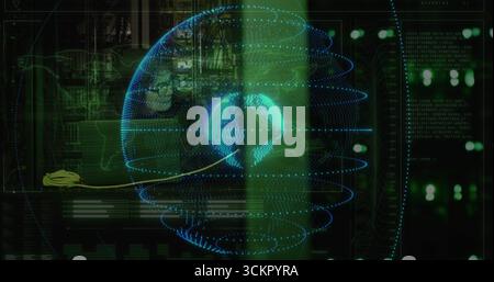Floating holographic 3D globe displaying network rings in data center, with glowing data lines Stock Photo