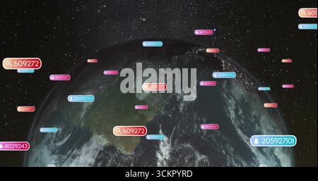 Displaying Earth globe in orbit, showing data labels with codes, search and notification icons Stock Photo