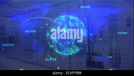 Spinning holographic globe showing grid overlay in office, with numeric data, triangular markers Stock Photo