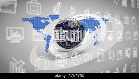 Presenting 3D Earth globe floating at center of digital interface, with bar chart and coin stacks Stock Photo