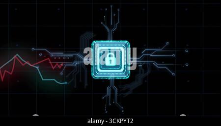 Displaying glowing padlock icon on virtual security panel, neon blue circuits and red green graphs Stock Photo
