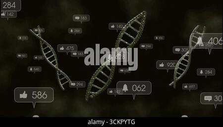 Floating central 3D DNA helix glowing in dark cyberspace, with social media bubbles and counters Stock Photo