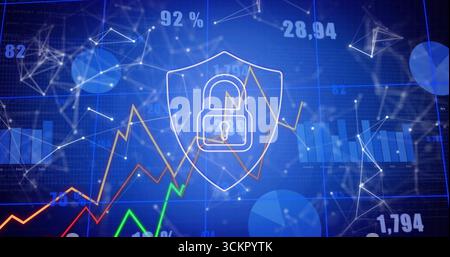 Displaying shield enclosing lock on blue grid with network nodes, data charts and numeric overlays Stock Photo