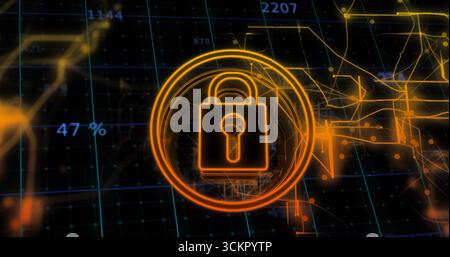 Displaying glowing orange lock icon pulsing on circuit grid, with neon rings and numeric overlays Stock Photo