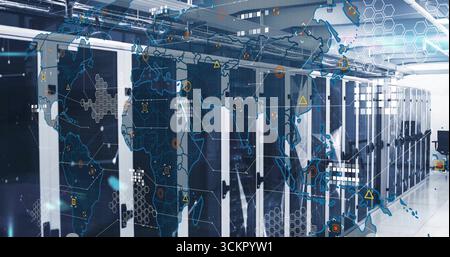 Showing server racks lining data center corridor, floor reflecting holographic connectivity overlay Stock Photo
