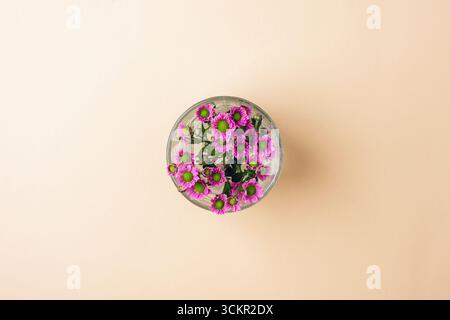 Small purple flowers in glass on beige background. Top view. Stock Photo
