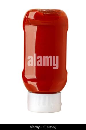 Red plastic bottle of ketchup isolated on white background Stock Photo