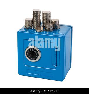 Miniature blue safe deposit box displays growing stacks of coins on top, symbolizing accumulating savings and financial security Stock Photo