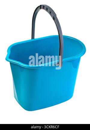 Empty light blue plastic bucket with gray handle, isolated on transparent background Stock Photo