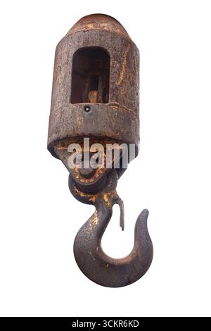 Old rusty crane hook hanging, isolated on transparent background Stock Photo