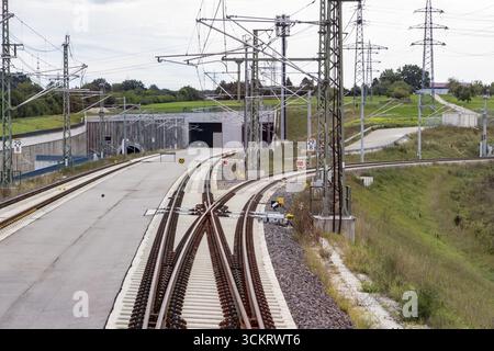 Track system of the new railway line between Wendlingen and the new airport station. The section of the Stuttgart-Ulm high-speed line is scheduled to Stock Photo