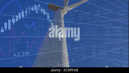 Displaying wind turbine rising on digital dashboard, with candlestick charts and ticker symbols Stock Photo